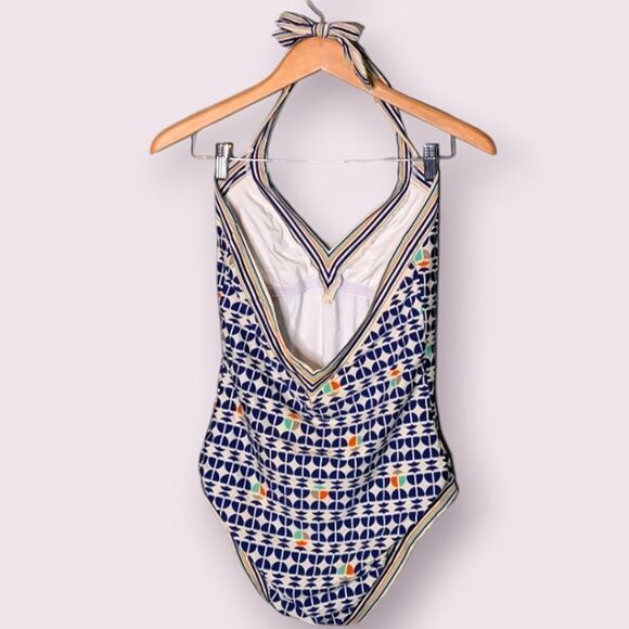 Trina Turk Blue White Orange Gray Geometric V Neck One Piece size 12 - Picture 2 of 15
